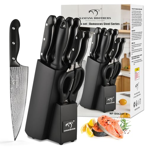 Image of NANFANG BROTHERS 9-Piece Damascus Kitchen Knife Set, 67-Layer VG10 Japanese Steel, Professional Chef Knives with Compact Wooden Block, Triple-Riveted Ergonomic Handles (Hand-Wash Only)