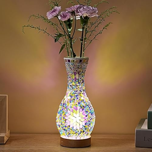Maimeili Rétro lampe de vase en mosaïque turque lampe de table marocaine turque vase en verre fait à la main coloré avec base en bois pour fleurs USB...