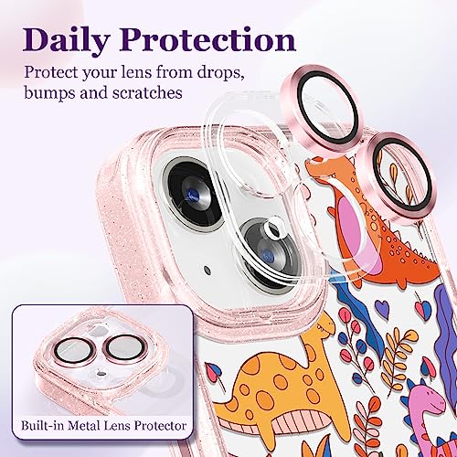 Image of Designed for iPhone 14 Case Pink Glitter Clear - Cute Bling Phone Case with Wrist Strap - Aesthetic Y2K Case for Woman, Girl 6.1 inch (Dinosaur)