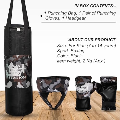 Image of Kids Champ Junior Punching Set | 1 Punching Bag, 1 Head Guard, 2 Gloves | Boxing Training Punching Bag & Gloves for Boys & Girls | for 3 to 10 Years Kids (Set of 4) (Black Camo)
