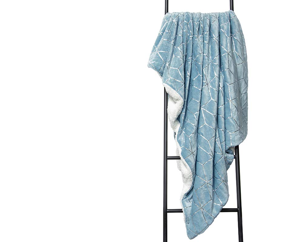 Lancashire Bedding Geometric Pattern Fleece Throw Blanket in Duck Egg - Polyester Made [130cm x 180cm] Warm & Soft Sofa Cover - Metallic Detail - Machine Washable, Easy Care