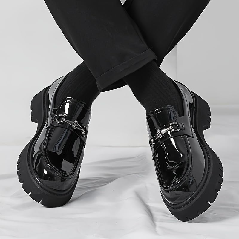 Men's Classic Loafers - All-Season Solid Color Slip-On Dress Shoes with Faux Upper, Round Toe, Rubber Sole for Daily, Party, Wedding - Casual Korean Style Thick Sole Glossy Footwear4