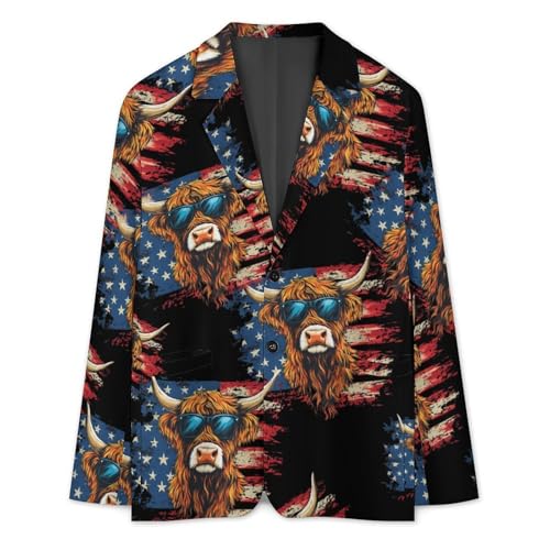 Highland Cow Wearing Glasses U.S. Flag Casual Men's Blazers Two Button Lapel Suits Jacket Lightweight Sport Coats3