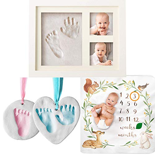 Image of Bubzi Co Ultimate Keepsake Bundle Gift Pack - Includes Baby Footprint and Handprint Kit Frame, Clay Ornament Keepsake and Woodland Monthly Milestone Blanket - Personalized Baby Gifts for Baby Registry