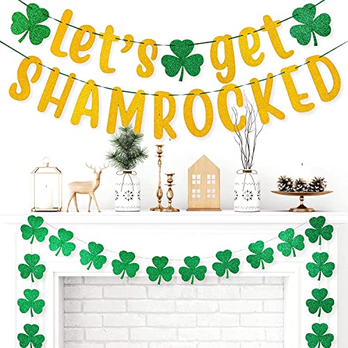 Whaline 3pcs St. Patrick's Day Banner Decoration 7.5 Inch Gold Glittery Let's Get Shamrocked Banner & Glittery Green Shamrock Clover Garland Banner Pre-Assembled Irish Home Party Supplies, 39pcs