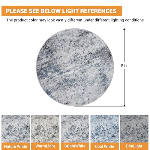 Round Rug 8ft Circle Rug Washable: Carpet Circular Area Rug for Entryway Kitchen Bedroom Dining Room Living Room Large 8 Feet Abstract College Dorm Non Slip Low Pile Blue Grey