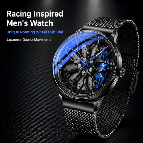 Image of Men's Car Wheel Watches, Stylish Racing Rotating Dial Analog Watches | Japanese Quartz, Luminous Function, 30M Waterproof, 360 Rotating Dial, Casual Luxury Wrist Watch, Gift for Car Enthusiast