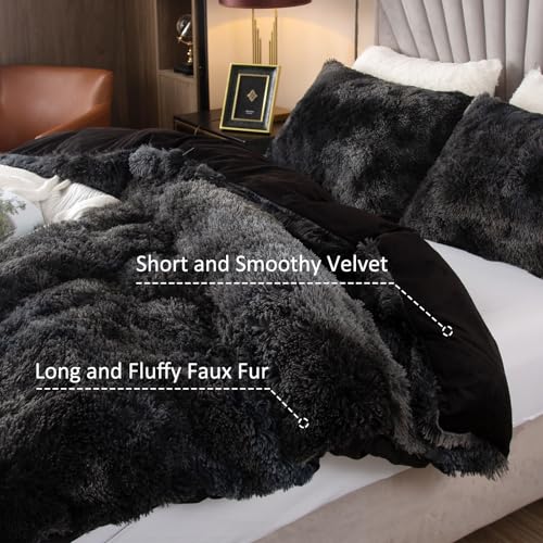 Image of EMME Luxury Fuzzy Duvet Cover Set Queen Size Fluffy Comforter Cover Set for Queen Bed 2 Pieces Shaggy and Plush Soft Bedding Duvet Covers (Tie Dye Black, Queen)