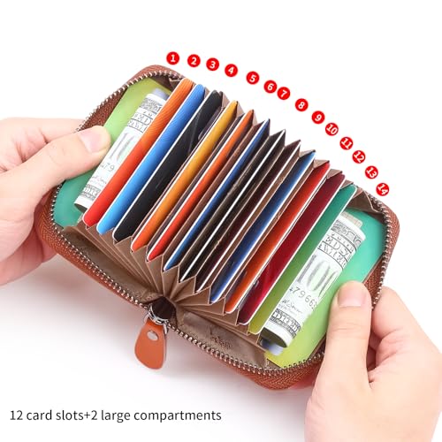 Genuine Leather Credit Card Holder Case RFID Blocking Travel Passport Wallet， Small Card Case for Men Accordion Wallet with Zipper ，Compact Size (Brown)3
