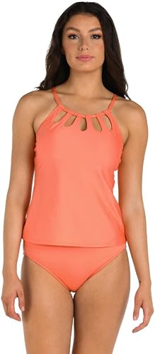 24th & Ocean Women's Underwire Cutout High Neck Tankini Swimsuit Top, Coral//Sol
