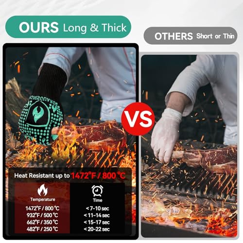 Image of BBQ & Grill Gloves, Oven Gloves, 1472F Silicone Oven Mitts Heat Resistant Grilling Gloves Fireproof Non-Slip for Barbecue Cooking Baking Smoking, 1-Pair (Green, Large)