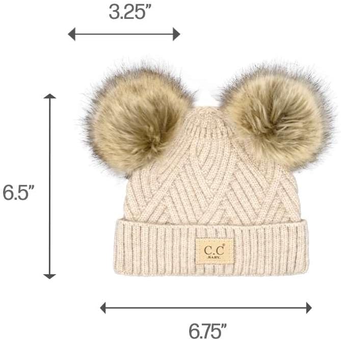 C.C Baby Soft Stretch Cable Knit Winter Beanie Hat with Faux Fur Pom Pom for Infant Newborn 0-12M