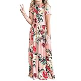 YIJODM Girls Pink Floral Maxi Dress, Short Sleeves, High Waist, Pocket, Size 11-12 Years, Spring, Fall