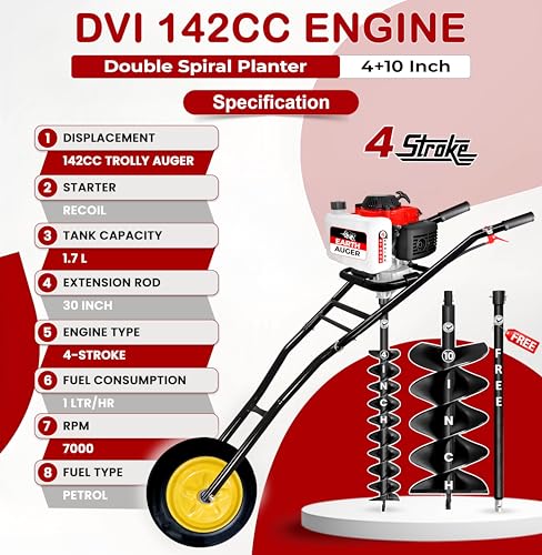 Image of DVI 142CC Trolley Earth Auger Machine, 4-Stroke Petrol Engine - with 4 Inch + 10 Inch Double Spiral Planter Bits & Free Extension Rod | for Plantation, Fencing & Post Hole Digging in All Soil Types.
