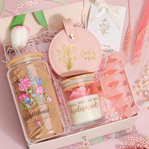 Bridesmaid Proposal Gift Box, Bridesmaid Gift Set with 16oz Glass Cup, Jewelry Box, Tulip Candle, Hair Claw Clip & Proposal Card for Bridal Party