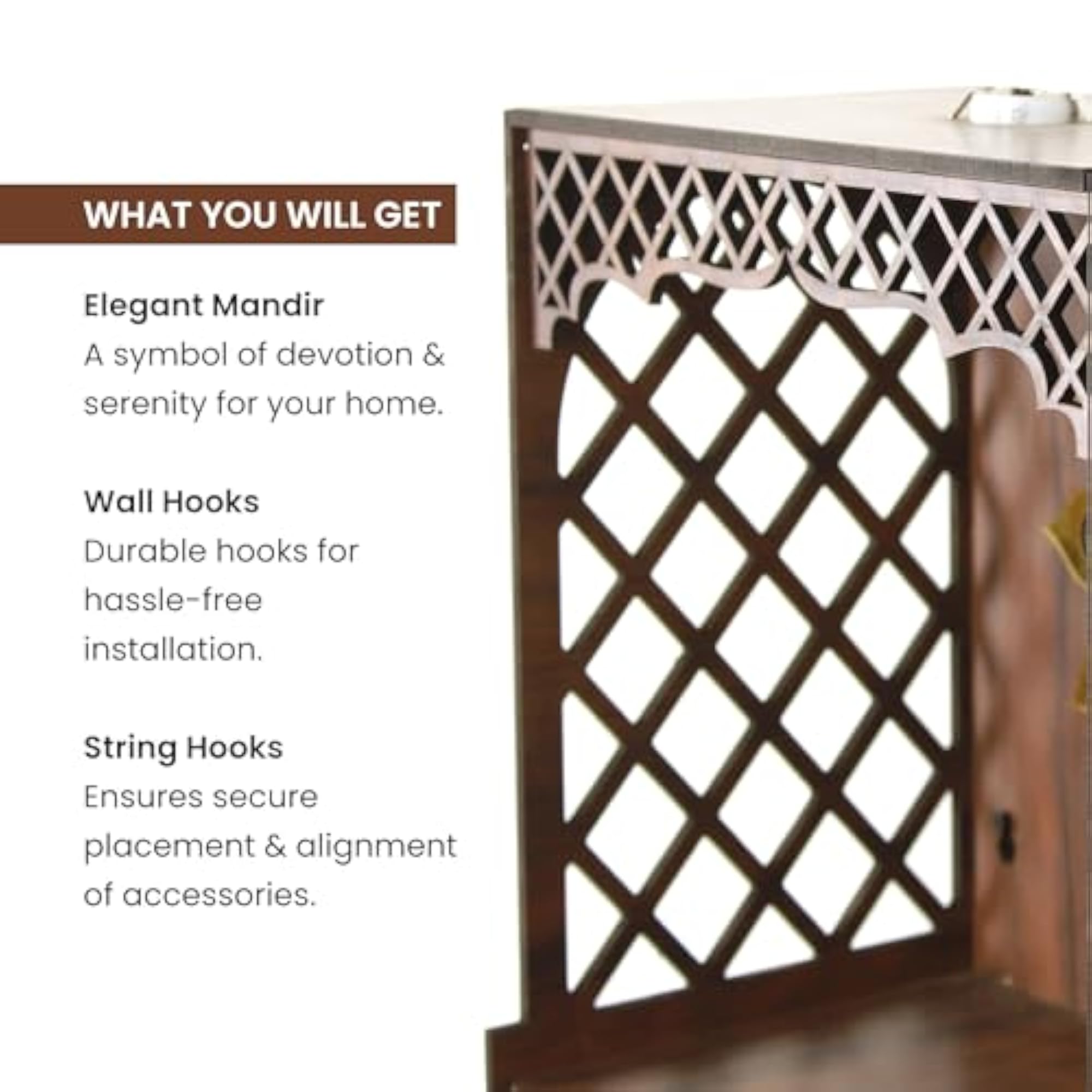 Wooden Wall-Mounted Pooja Mandir with LED Light, Decorative