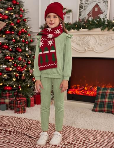Image of Arshiner Toddler Girl 2Pcs Ribbed Knit Clothes Ruffle Trim Long-sleeve Pullover Sweatshirt and Leggings Fall Outfits 1-6T