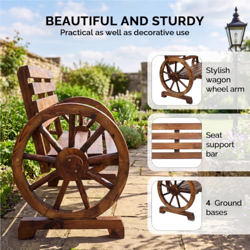 Image of VINGLI Rustic Wooden Wheel Bench Outdoor Bench, Patio Bench Wagon Slatted Seat, Garden Benches for Outdoors 350lbs High Capacity, Weather Resistance (Rustic, 41in)