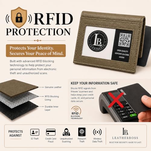 Image of LB LEATHERBOSS Slim Thin Leather Credit Card Triple ID Window Mini Wallet Bifold Driver License Safe (Army Green)