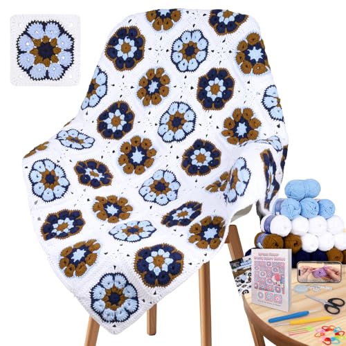 Coopay Crochet Blanket Kit for Beginners, All-in-One Granny Square Blanket Kit with Step-by-Step Video & Enough Yarns - Master Granny Square Crocheting Easily, Ideal Gift for Craft Lovers (Mocha Blue)