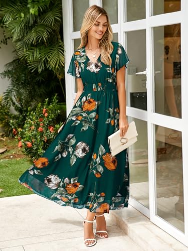 Image of Simplee Womens Floral Maxi Dress - Short Sleeve Summer Boho Wedding Guest Dress Empire Waist Chiffon Modest Midi Dresses