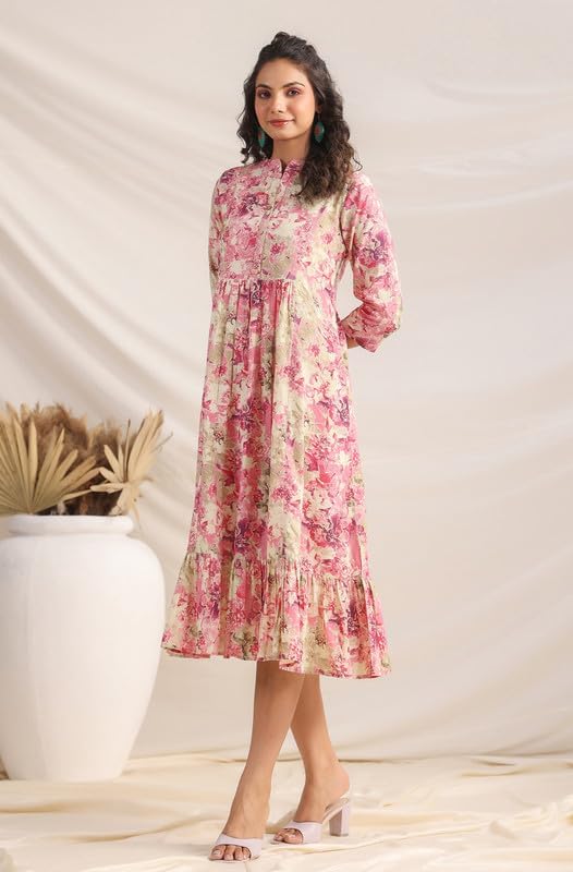 Image of Janasya Women's Cotton Pink Abstract Print Casual Wear Summer Dress for Women