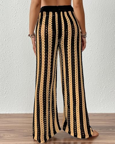 Bsubseach Womens Crochet Swimsuit Coverup Pants Striped High Waisted Drawstring Sexy Sheer Mesh Knit Wide Leg Beach Pants4