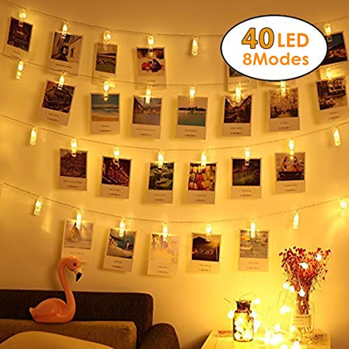 Led Fotoclips Lichterkette, Led Lichterkette, 40 Foto Clips Lichterkette, 8 Mode Fernbedienung LED Batteriebetriebene Dekoration Lichterkette für Hängendes Foto, Party, Weihnacht (Warmweiß)