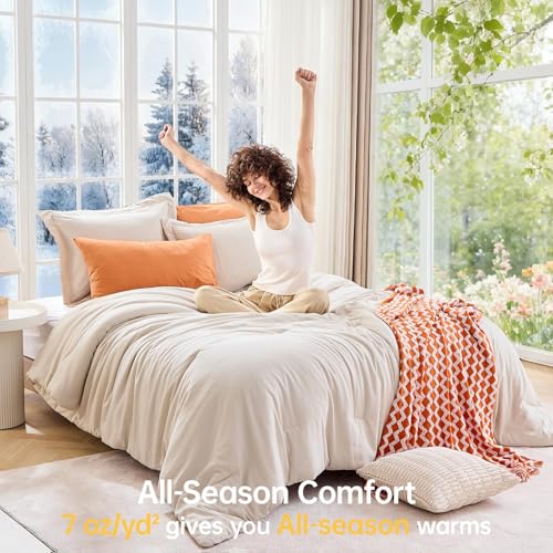 Image of MUXHOMO Beige Oversized King Comforter Sets, All Season Ultra Soft Down Alternative Bedding - 3 Piece Lightweight Bed Set Includes 1 Comforter (120 inchx98 inch) and 2 Pillow Shams (20 inchx36 inch)