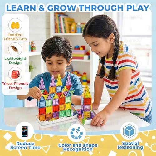 Image of Kidology Magnetic Tiles for Kids 42 PCS - STEM Building Blocks Construction Toy | Colorful Magnetic Building Blocks Travel Set for Boys Girls | Educational Creative Learning Gift