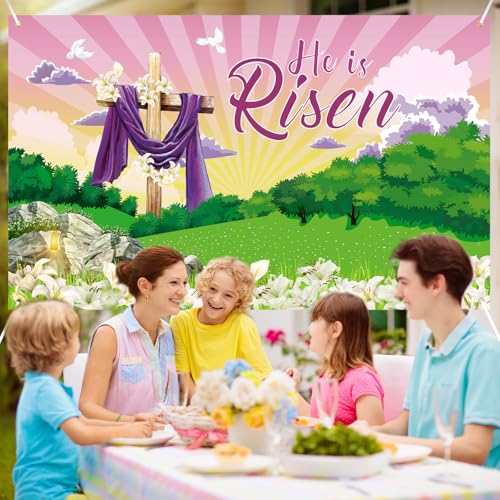 Image of Large He is Risen Easter Banner Decorations Flag Outdoor 72x44 Inch, Cross Sign Christian Jesus Lily Flowers Banner for Indoor Home House Decor Party Supplies, Spring Yard Sign Background for Photography