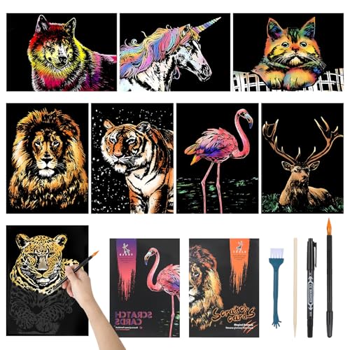 8 Blätter Kratzbilder Erwachsene, Kratzpapier A4 mit 4 Werkzeugen, 29 x 21cm Tier-Serie Scratch Painting, Kreatives Kratzmalerei für Erwachsene und Kinder DIY-Bastelprojekte