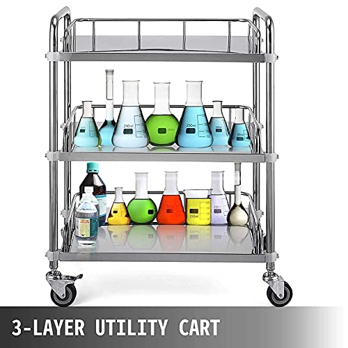 Image of Indian Decor 55746 Hospital /Clinic Trolley On Wheels 3 Tier Stainless Steel Beauty Salon Rolling Trolley, Hospital /Dental Clinic Medical Equipment Cart, Universal Brake Wheel - Chrome