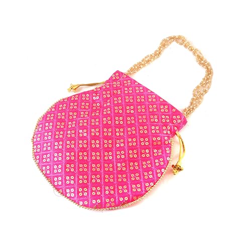 Image of Handcrafted Potli Purse with Golden Floral Embroidery and Pearl Accents