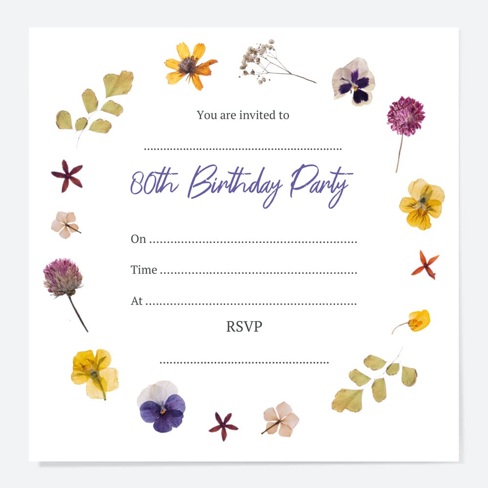 Dotty about Paper 80th Birthday Invitations - Pressed Flowers - Pack of 10 (26 0117)