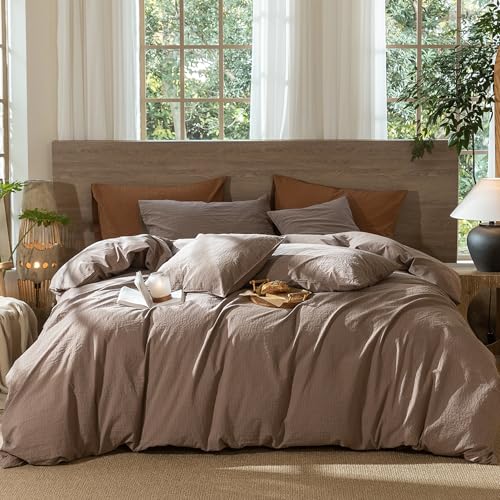 Image of MooMee Wavy Striped Duvet Cover Set 100% Washed Cotton Linen Like Textured Breathable Durable Soft Comfy (Brown, Alaska King 132 inchx120 inch)