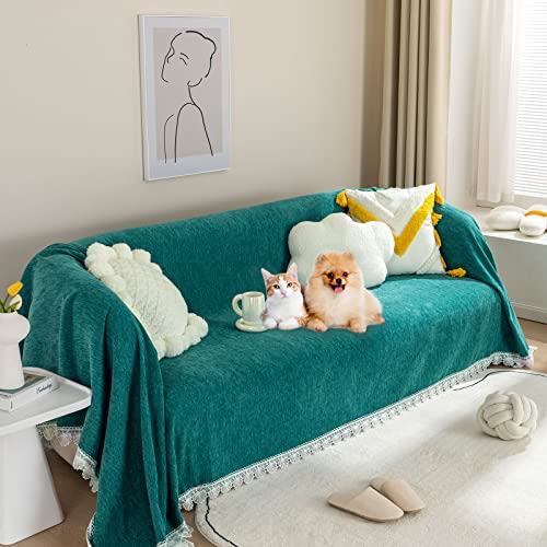 Couch Cover For Dogs Cats Pets Chenille Sofa Cover For 3 Cushion Couch 71'' X118'',Non Slip Anti Sagging Soft Sofa Slipcover Machine Washable Universal Furniture Protector With Lace,Cypress Green #TOP22