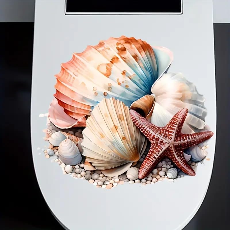 Ocean Shell Starfish Toilet Cover Sticker Decals,Spring Flower Leaf Butterfly Waterproof Toilet Lid Tank Seat Decals Cistern Self-Adhesive Bathroom Wall Sticker