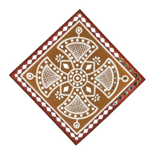 Image of Ethnics of Kutch Traditional Kutch Handicraft Mud-Mirrorwork Lippan Kam Wall Art (Water and Break Resistant) - Square (12 inch x 12 inch) - (Maroon - LKT-0235)