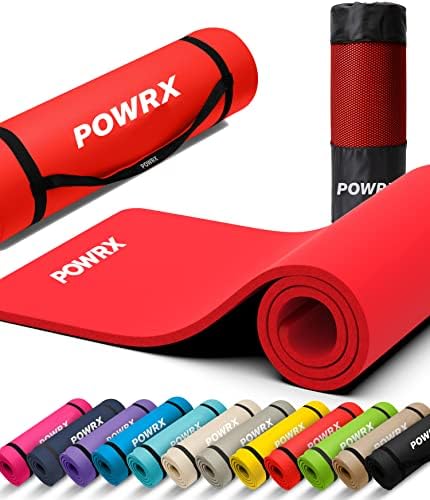 POWRX Yoga Mat Thick | Exercise Mat 1/2" - 3 Widhts with Carrying Strap and Bag | Non-Slip Workout Mat for Women Men Home Fitness Stretching Pilates Gymnastics Floor Gym Equipments, Red