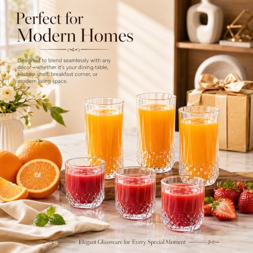 Image of bellemax Premium Dotted Design Water & Juice Glasses, 240 ML & 270 ML Combo, Drinking Glasses for Home, Kitchen, Dining, Party & Everyday Use Set of 12