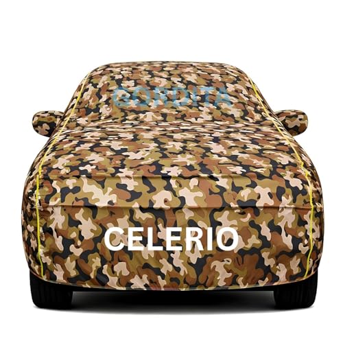 Image of Waterproof Car Body Cover for Celerio All Weather Protection Comes with Inner Cotton Lining & Triple Stitched with Mirror & Antenna Pocket Belt & Elastic Fit Army with Yellow Piping2