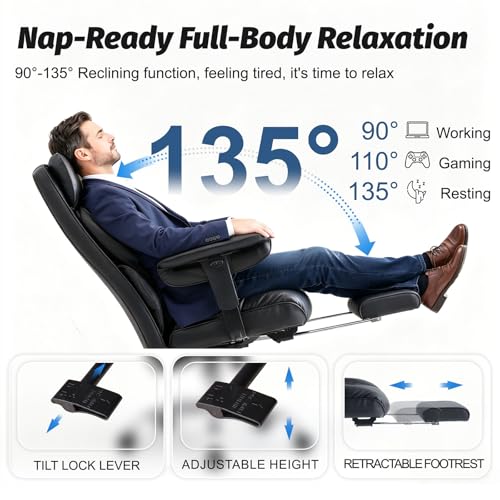 Image of Efomao Executive Office Chair 400lbs, Black Big and Tall Desk Chair | Mattress-grade pocket spring cushion, sleek leather, 135 recline & footrest for computer gaming setup.