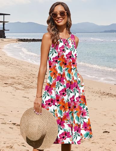 Image of HOTOUCH Summer Casual Dresses for Women Sleeveless Midi Dress Swing Tank Sundress Pleated Tshirt Dress with Pockets