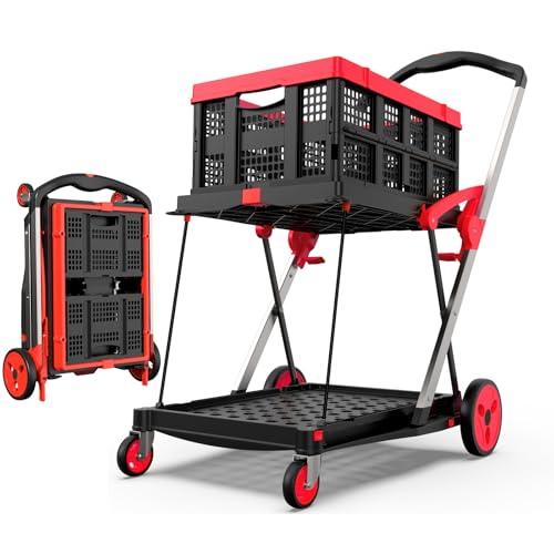 TOLRET Collapsible Shopping Cart with Wheels, 200 lbs Capacity Grocery Cart on Wheels with Storage Crate, Platform Hand Truck with Foot Brake, Red
