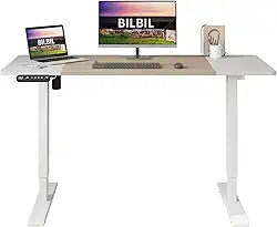 bilbil Mesa de pé elétrica ajustável em altura, 139 x 61 cm, suporte para trabalho, escritório, casa, mesa ergonômica para computador com memória predefinida com emenda (carvalho, branco)