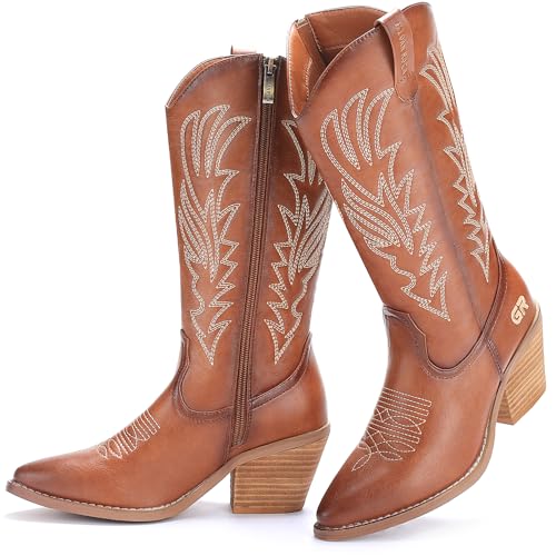 Cowgirl Boot for Women's, Western Retro Classic Mid-Calf Boot Embroidered Pointed Toe Chunky Heel for Ladies Festival Boots