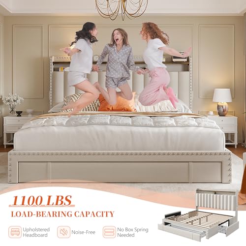 Enhomee Queen Bed Frame With 3 Drawers,Bed Frame Queen Size With Upholstered Headboard And Storage,2-Tier Shelves,1100Lbs For Strong Support thumb #5