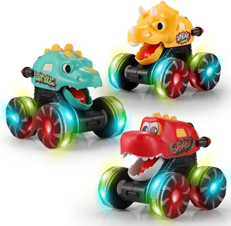3 Pack Dinosaur Truck Toy for Toddlers, Dinosaur Lightning Wheels, Motion Activated Light-Up Cars, Baby Toy Present, Press & Go Cars for Age 3 4 5 6+ Years Old Boys and Girls. (3)