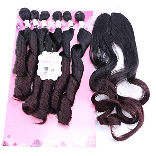 FRELYN Loose Wave Synthetic Hair Weave Bundles with Closure Ombre Color T1B/99j Black to Burgundy 16 18 20 Inches Bundles with Lace Closure